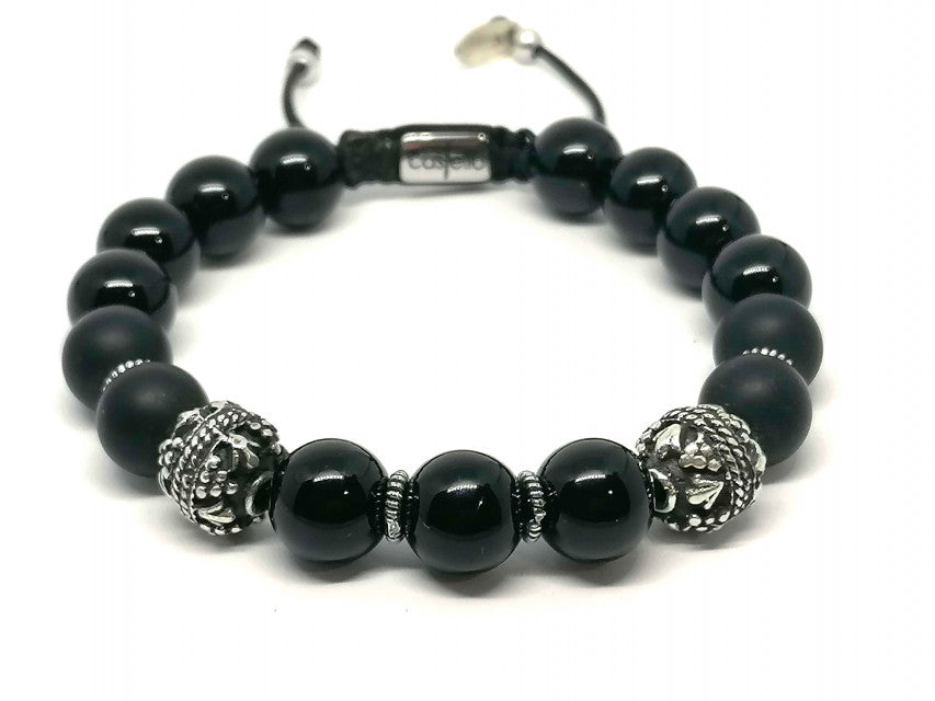 Hand Made Silver Bracelet MyKing Onyx Polish, Onyx Mat stone 10mm | Castello Jewels