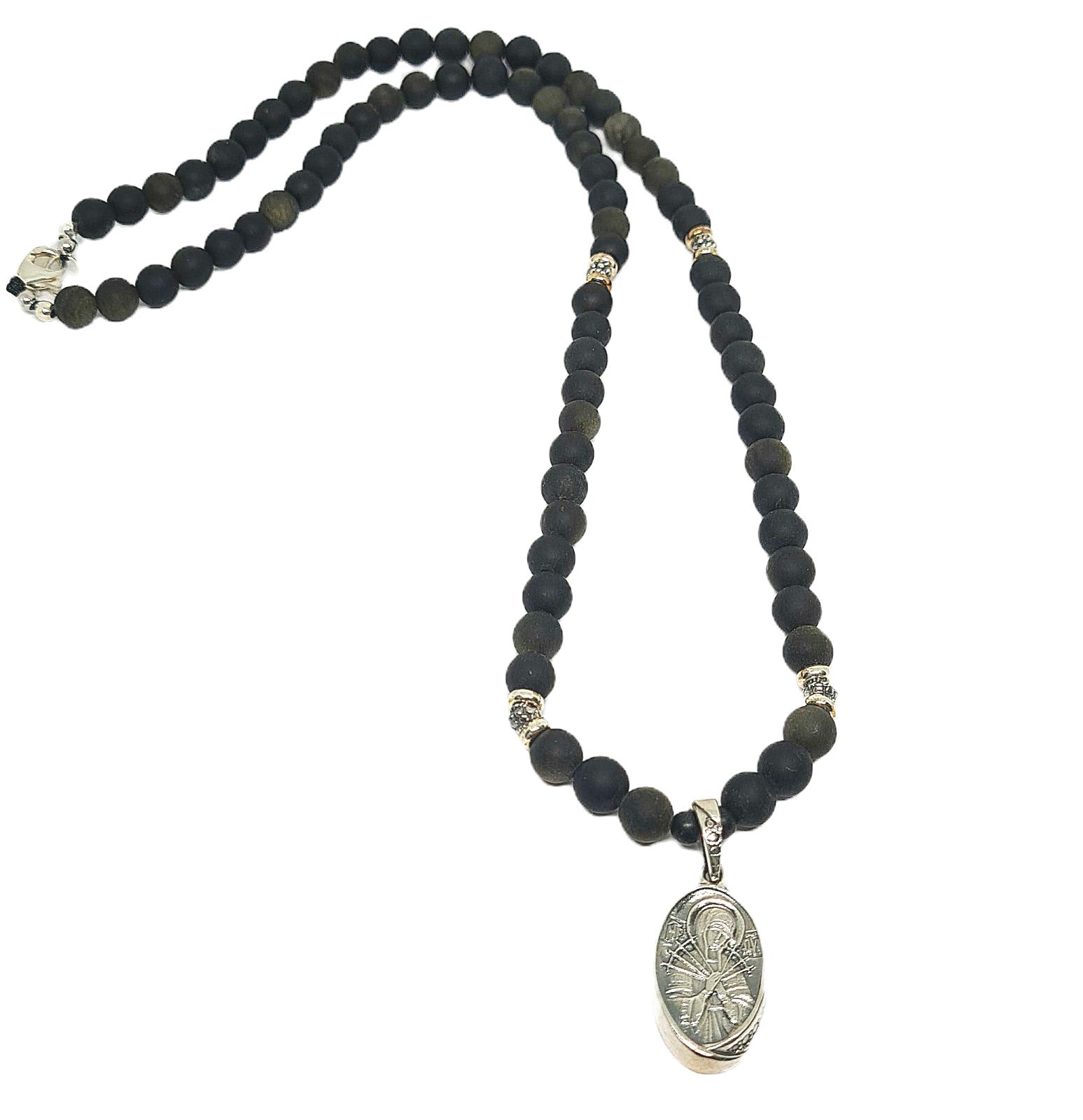 Hand Made Necklace Pental Silver 925 Obsidian stone 6mm | Castello Jewels