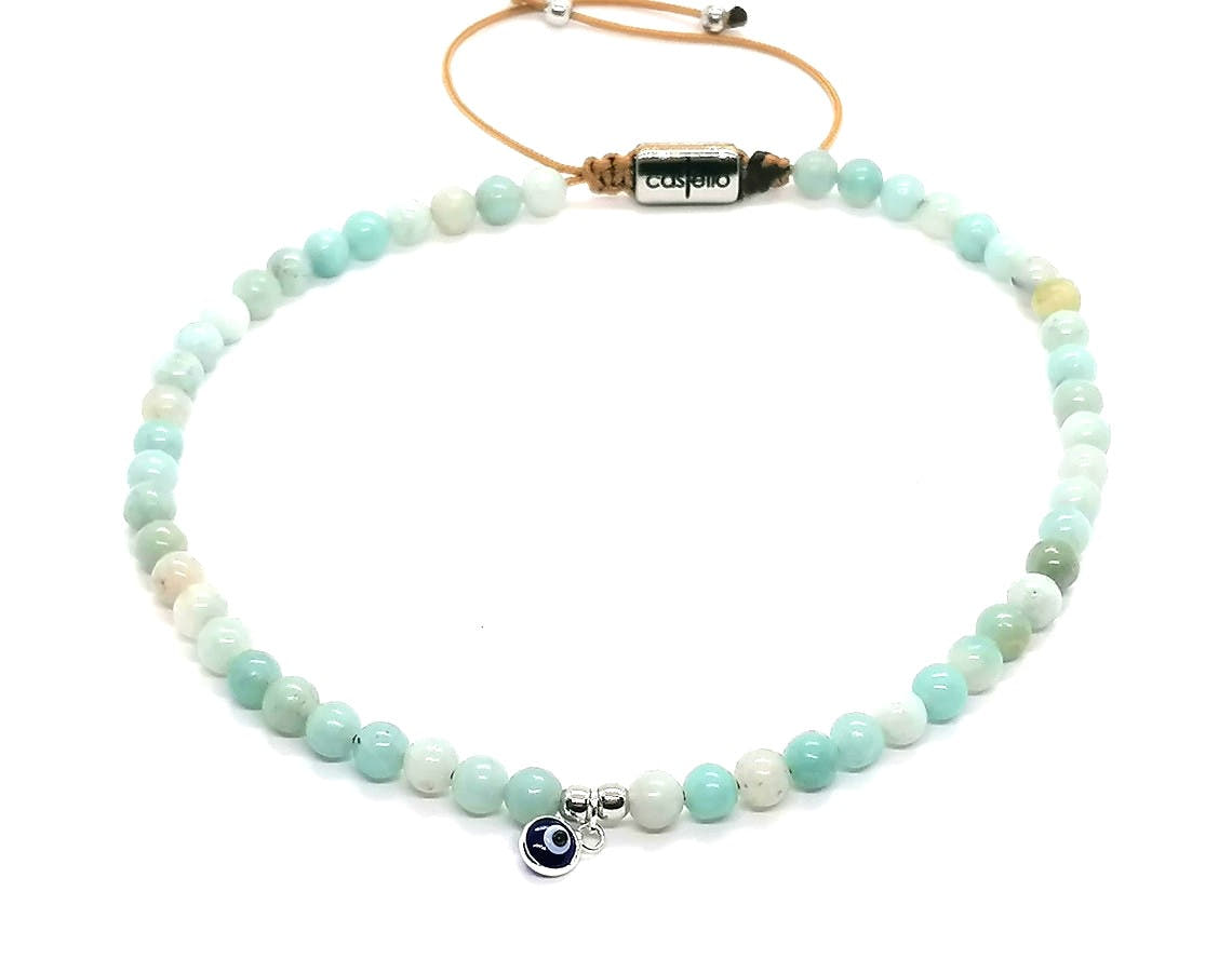 Polished Amazonite Boho Anklet, Silver Eye, 4mm | Castello Jewels