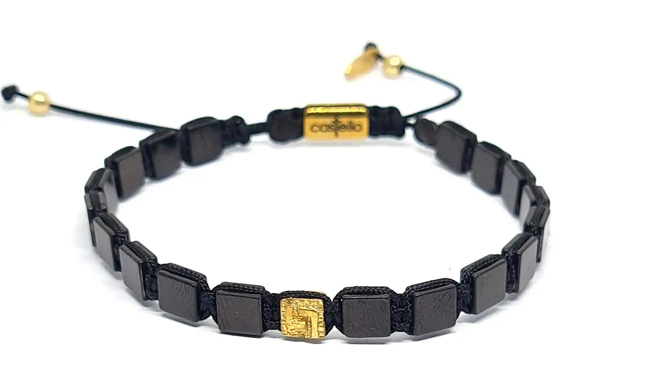 Hand Made Bracelet Ancient 925 Silver Gold Plated, Black Hematite 6*6mm stone | Castello Jewels