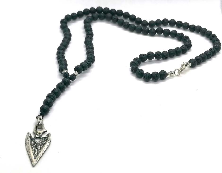 Lava Stone Rosary Necklace, Arrowhead Pendant, 6mm | Castello Jewels