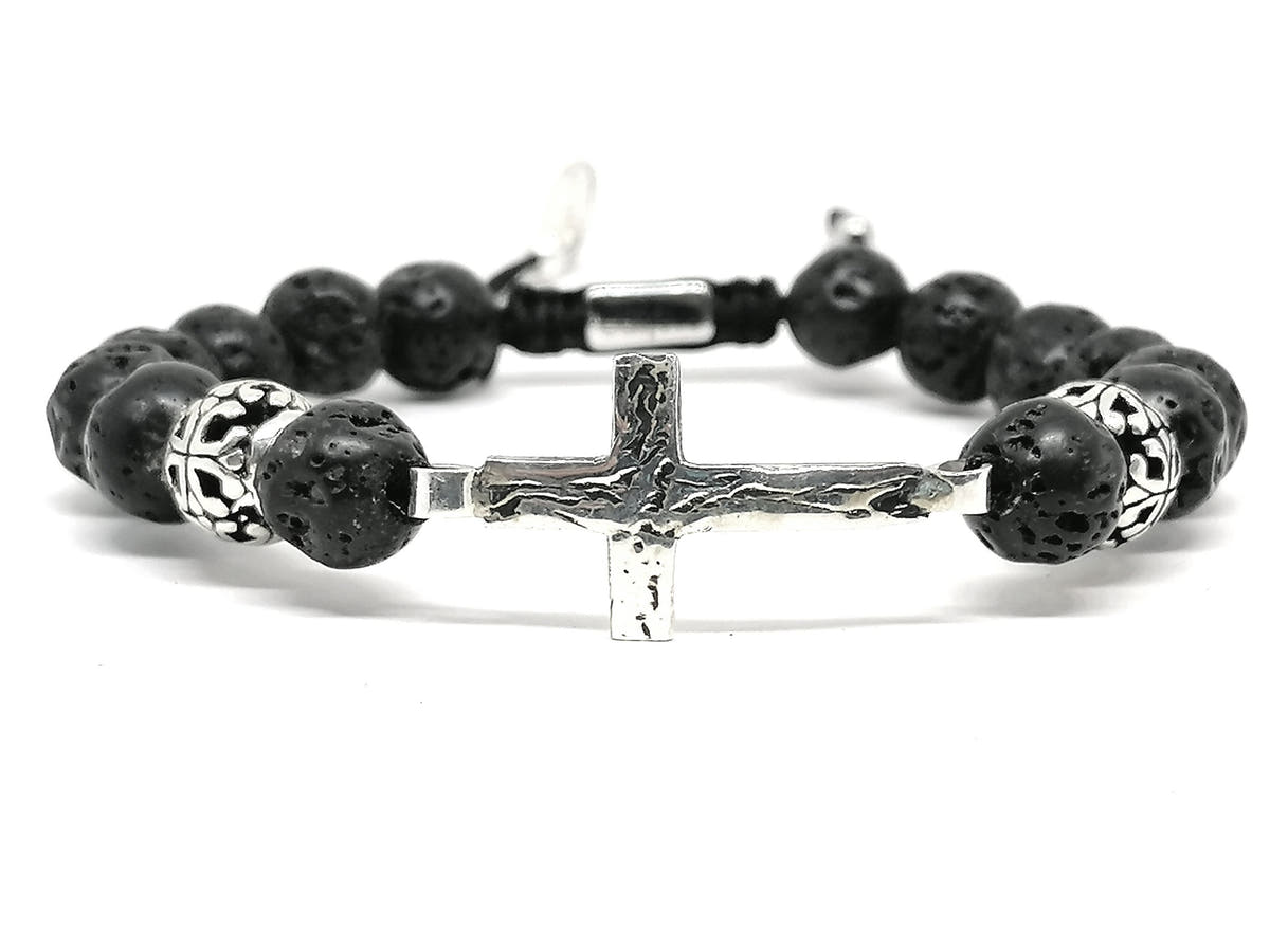 Lava Stone Cross Prayer Bracelet, 10mm | Castello Jewels