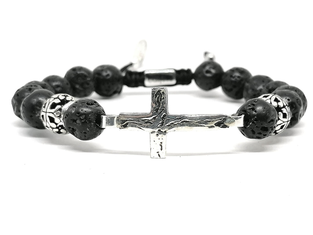 CROSS SILVER 925 Bracelet, Lava Stone 10mm | Castello Jewels