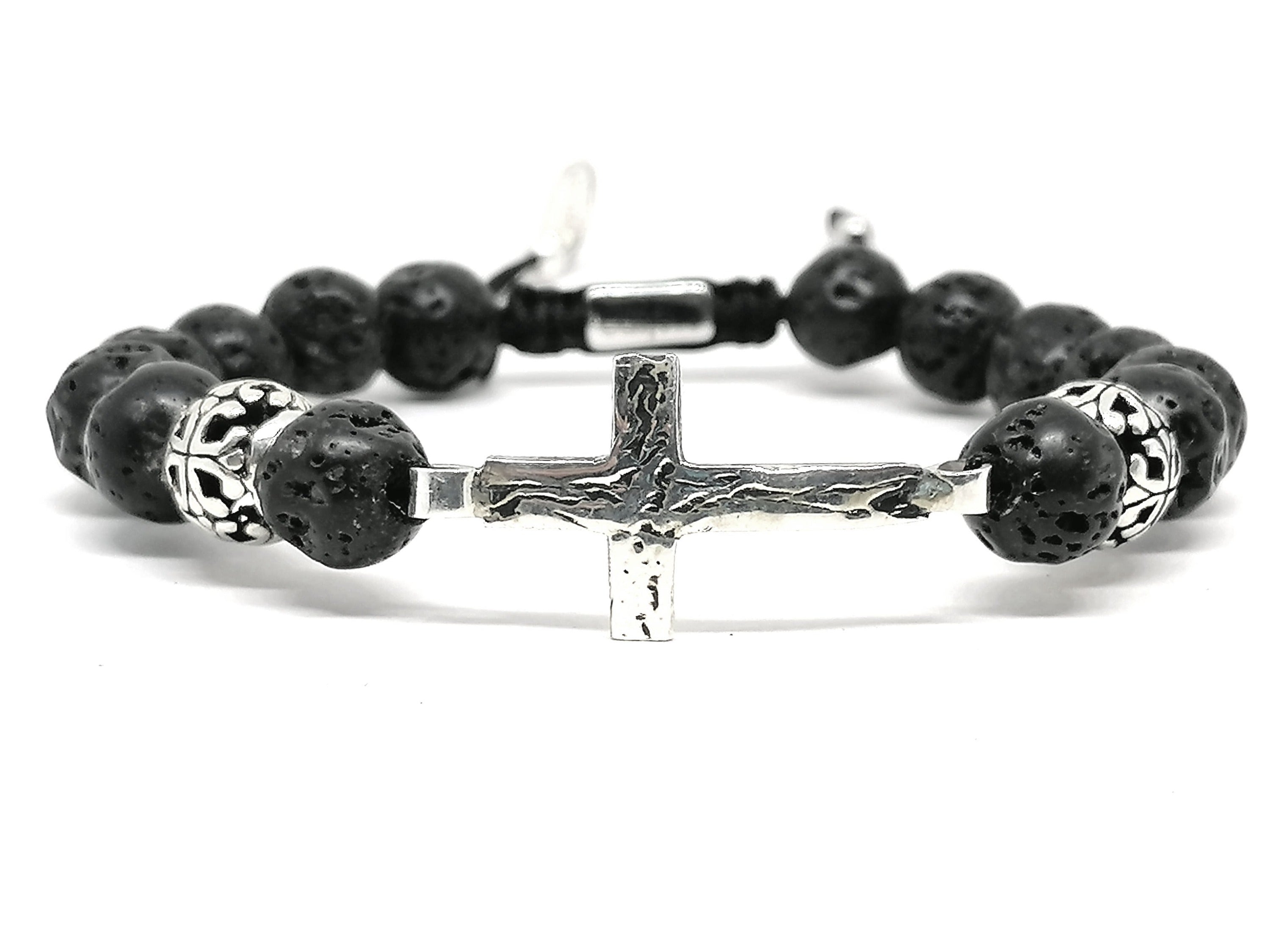 CROSS SILVER 925 Bracelet, Lava Stone 10mm | Castello Jewels