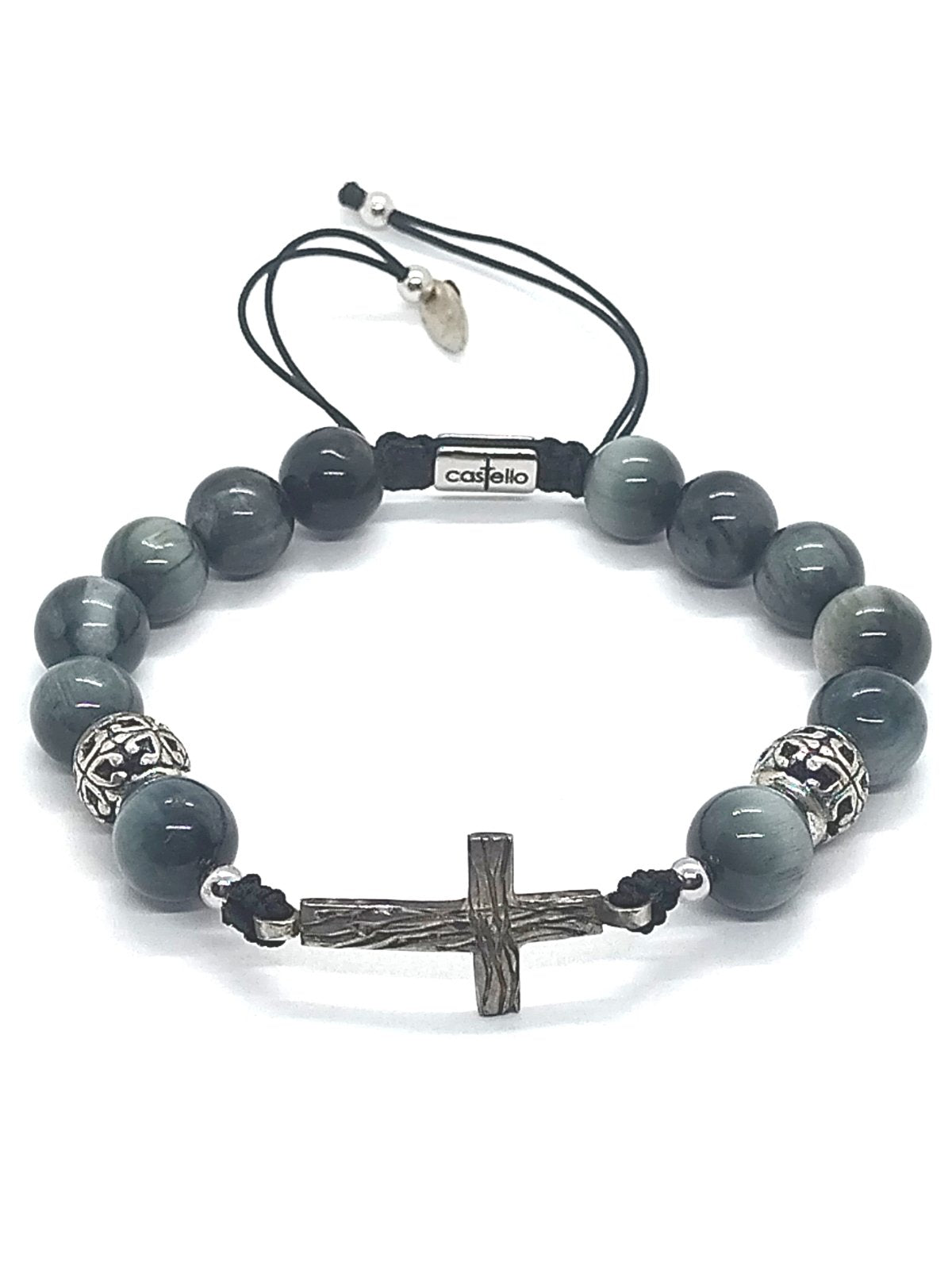 CROSS SILVER 925 Bracelet Eagle's Eye stone 10mm — view 3 | Castello Jewels