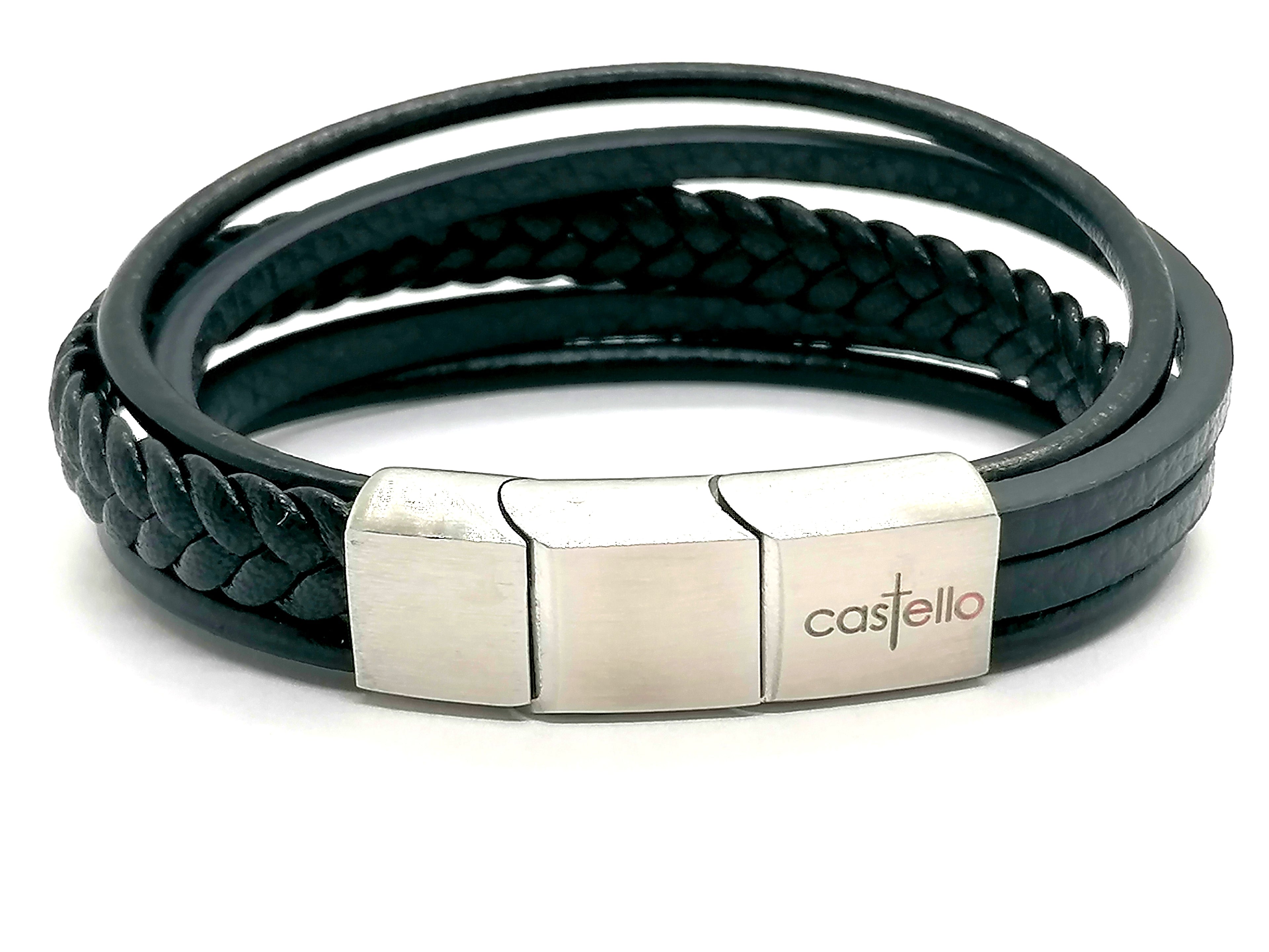 Black Multilayer Braided Leather Bracelet, Stainless Steel Double Clasp — view 2 | Castello Jewels