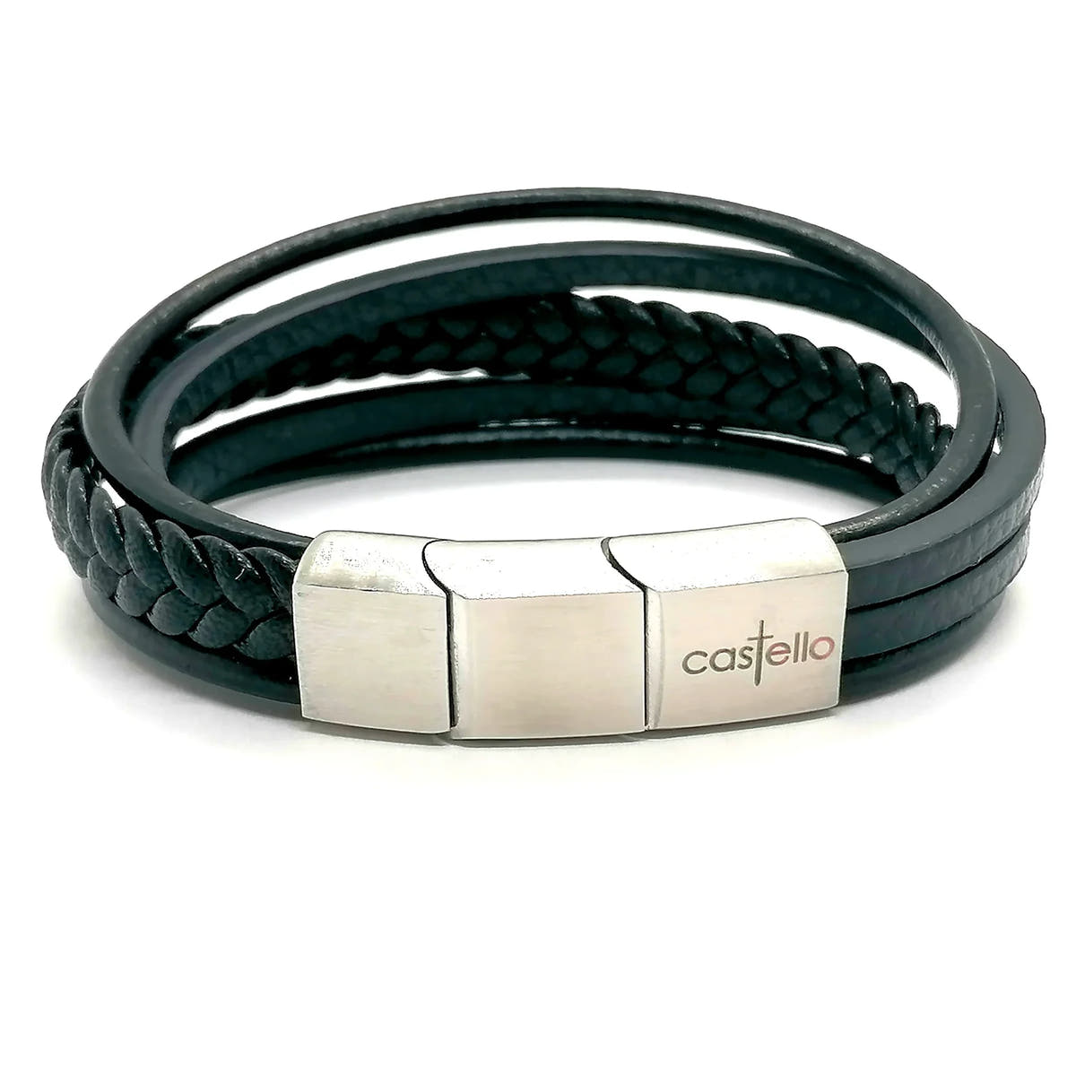 Black Multi-Strand Braided Leather Bracelet, Men's, view 2 | Castello Jewels