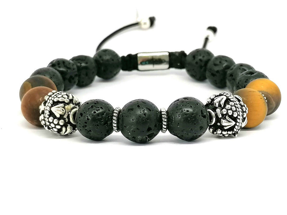 Hand Made Silver Bracelet MyKing Lava, Tiger Eye Mat stone 10 mm | Castello Jewels
