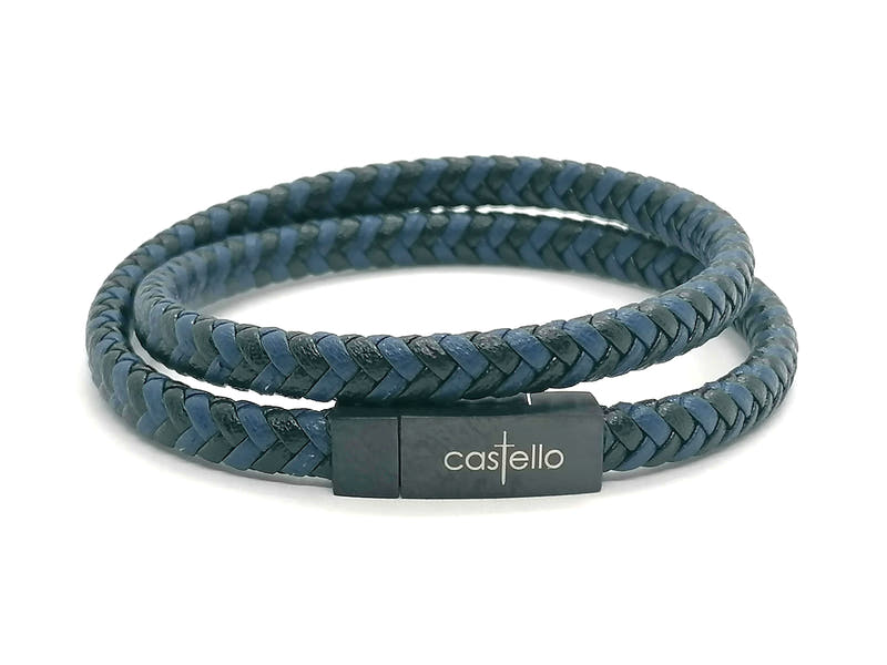 Blue-Black Multi-Strand Braided Leather Bracelet, Men's