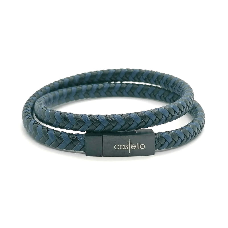 Blue-Black Multi-Strand Braided Leather Bracelet, Men's