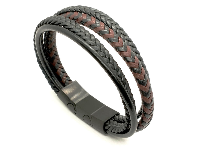 Black and brown Braided Leather Bracelet, Stainless Steel Clasp