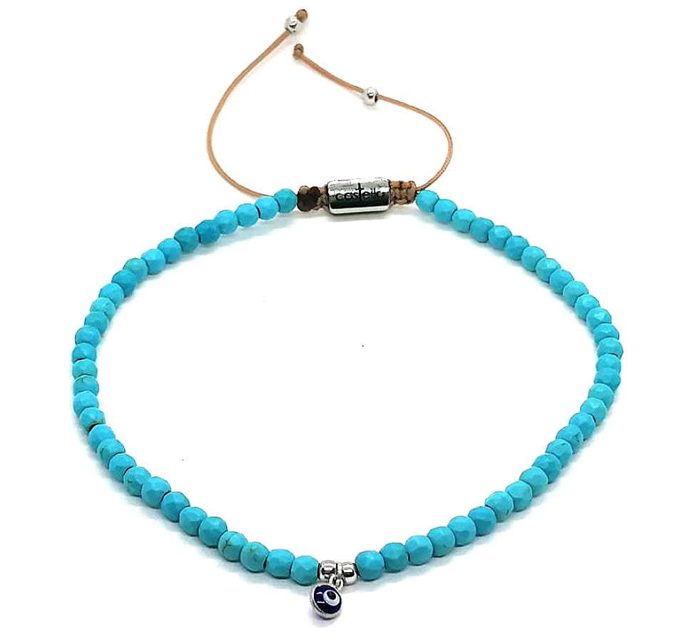 Turquoise Ankle Bracelet, Silver Eye Charm, 4mm | Castello Jewels