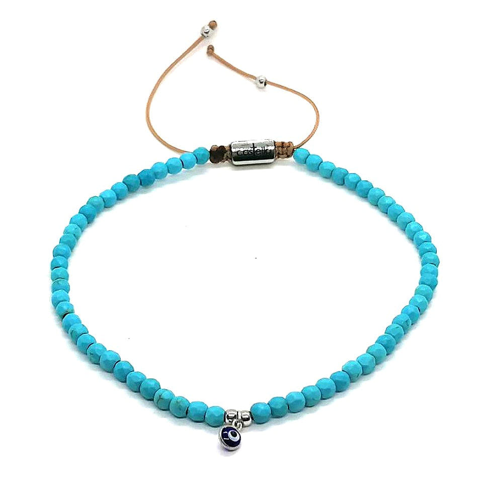 Turquoise Ankle Bracelet, Silver Eye Charm, 4mm | Castello Jewels
