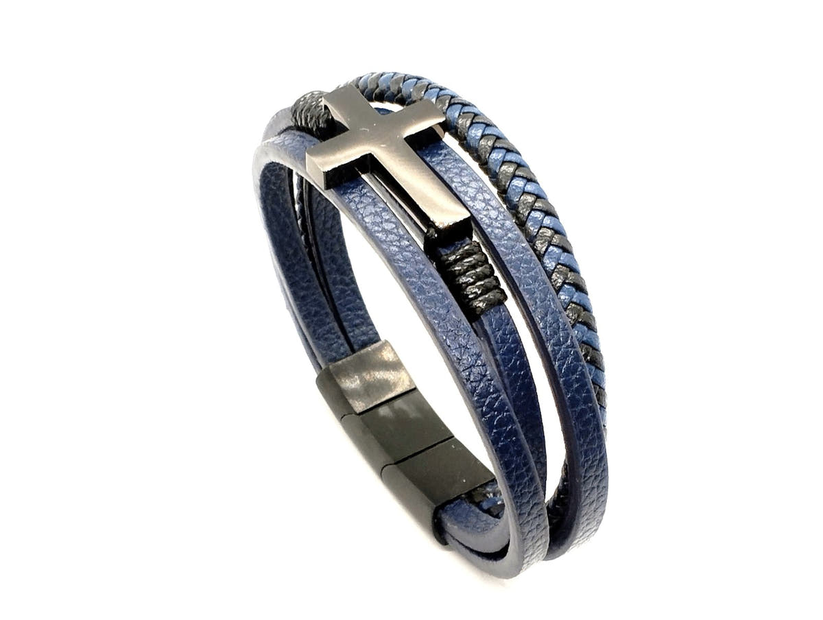 Blue Braided Leather Men's Bracelet, Cross Charm | Castello Jewels