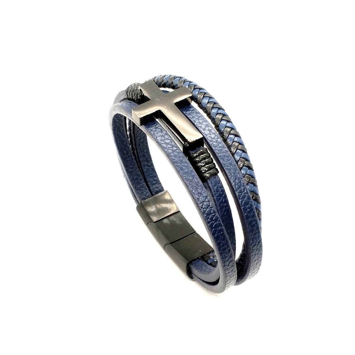 Blue Braided Leather Men's Bracelet, Cross Charm | Castello Jewels