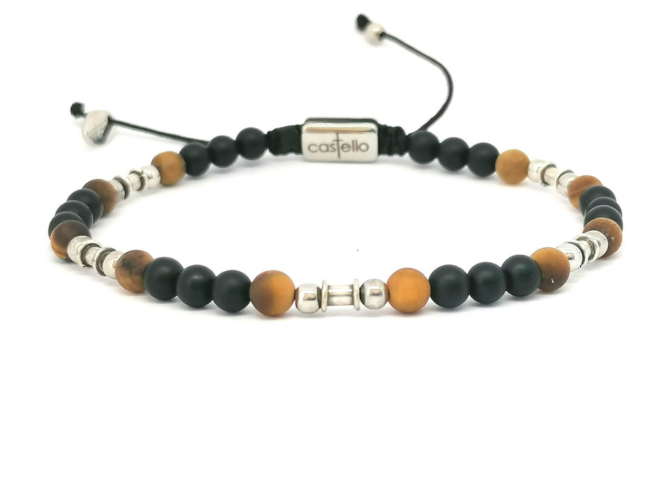 Silver bracelet Earth, Onyx Mat, Tiger Eye Mat stone 4mm | Castello Jewels
