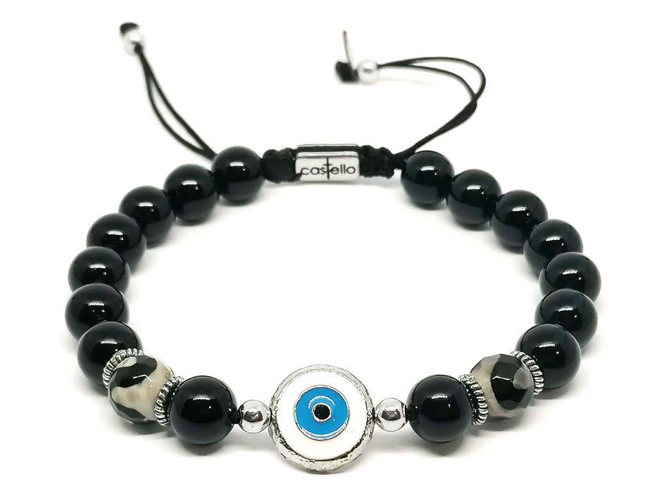 Polished Onyx Evil Eye Enamel Bracelet, 8mm | Castello Jewels