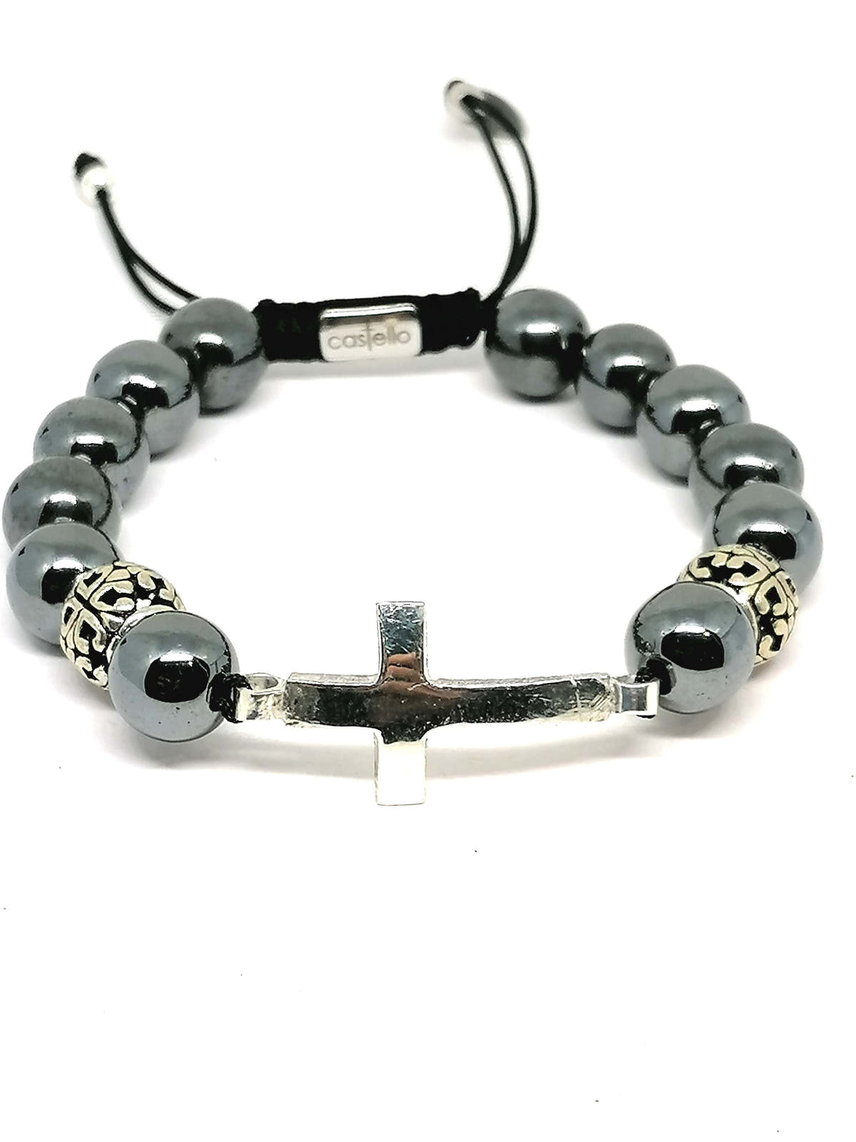 Hematite Cross Gemstone Bracelet, 10mm, view 3 | Castello Jewels
