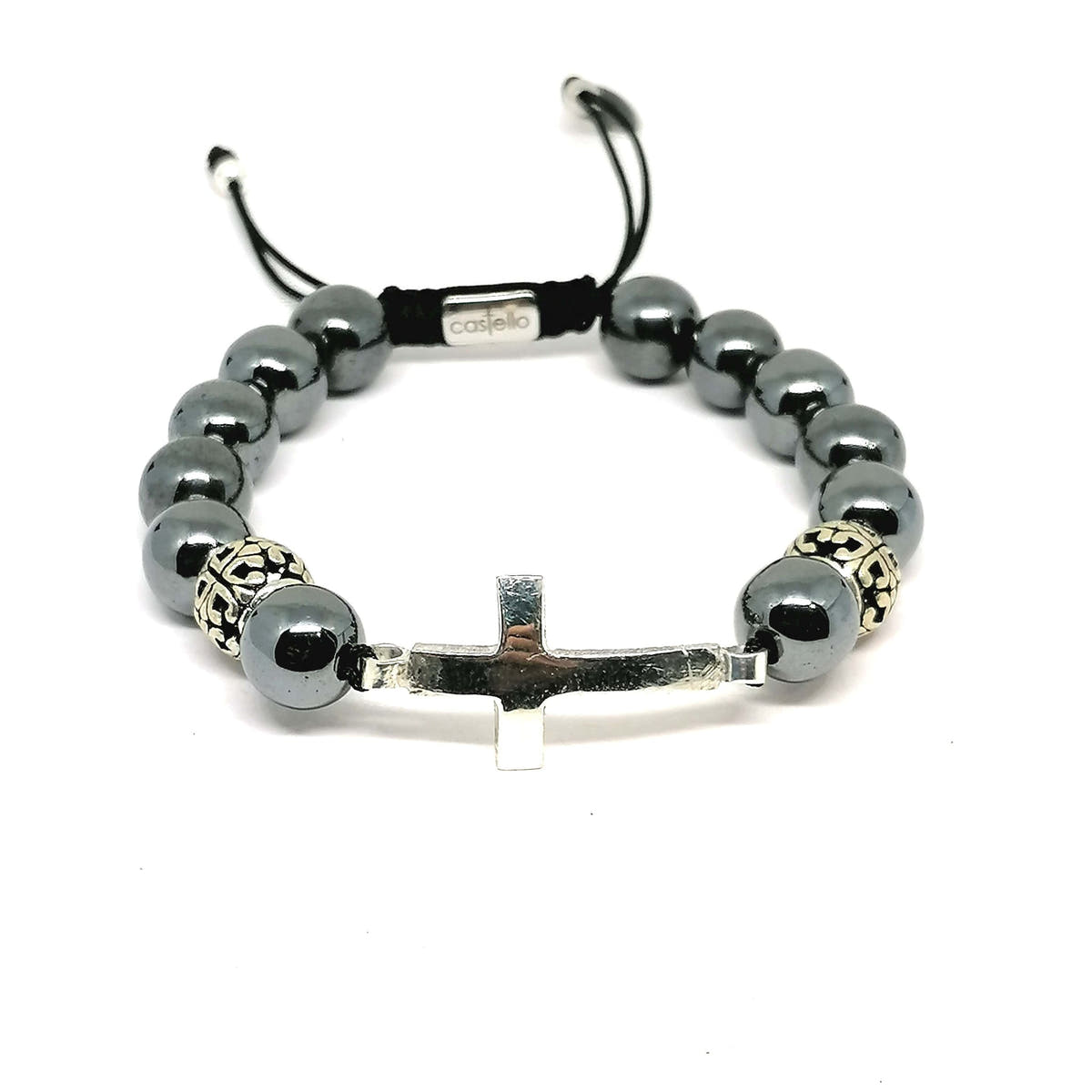 Hematite Cross Gemstone Bracelet, 10mm, view 3 | Castello Jewels