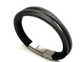 Black Leather Bracelet, Stainless Steel Double Clasp | Castello Jewels