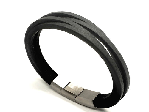 Black Leather Bracelet, Stainless Steel Double Clasp | Castello Jewels