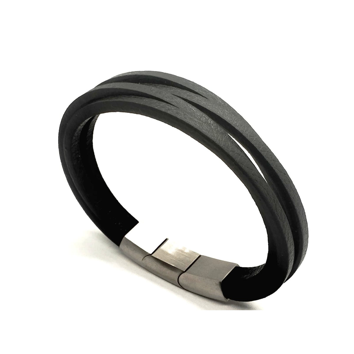 Black Leather Men's Bracelet, Stainless Steel Double Clasp | Castello Jewels