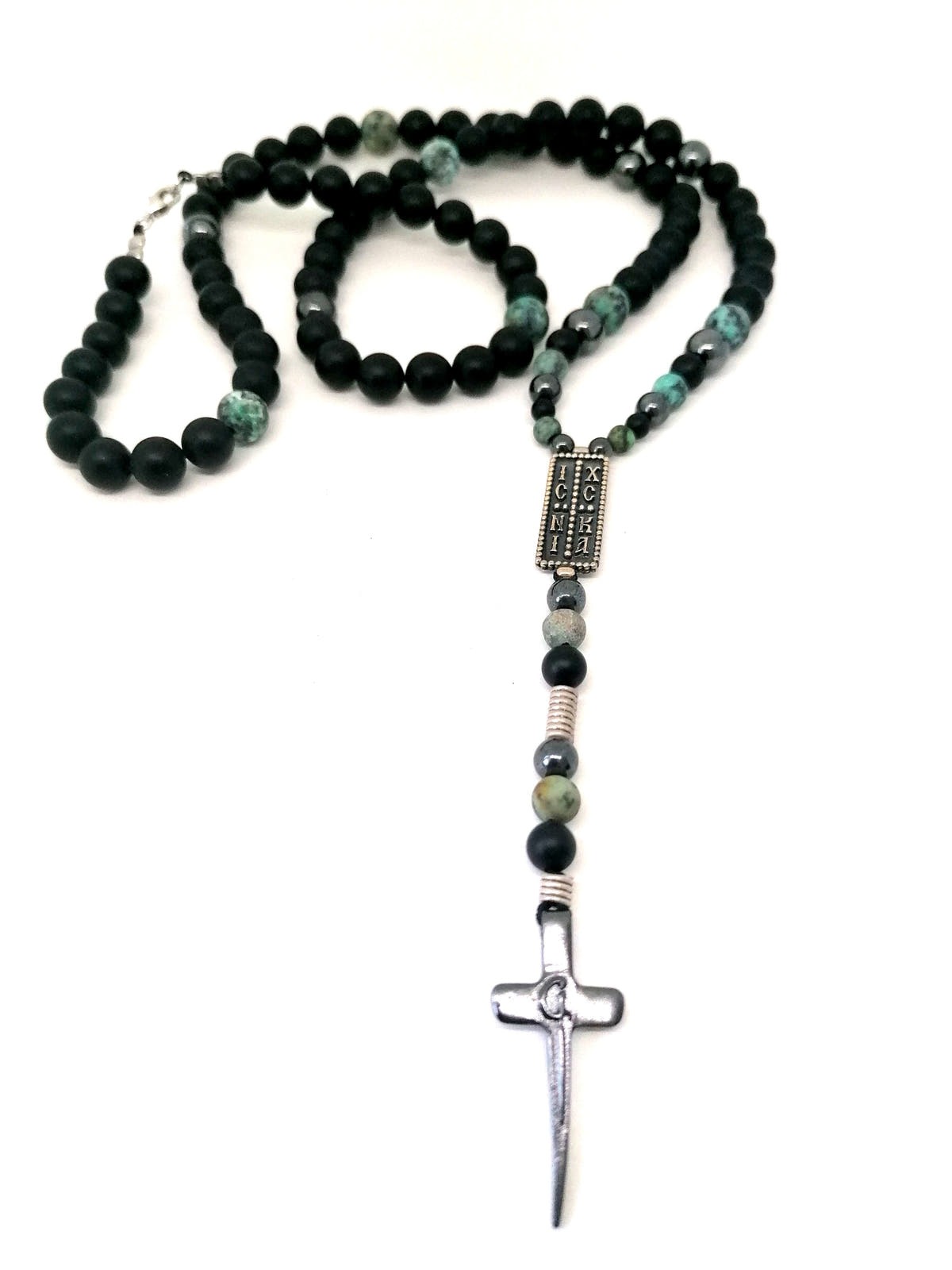 Byzantine Men's Prayer Necklace, Onyx & African Turquoise, Cross | Castello Jewels