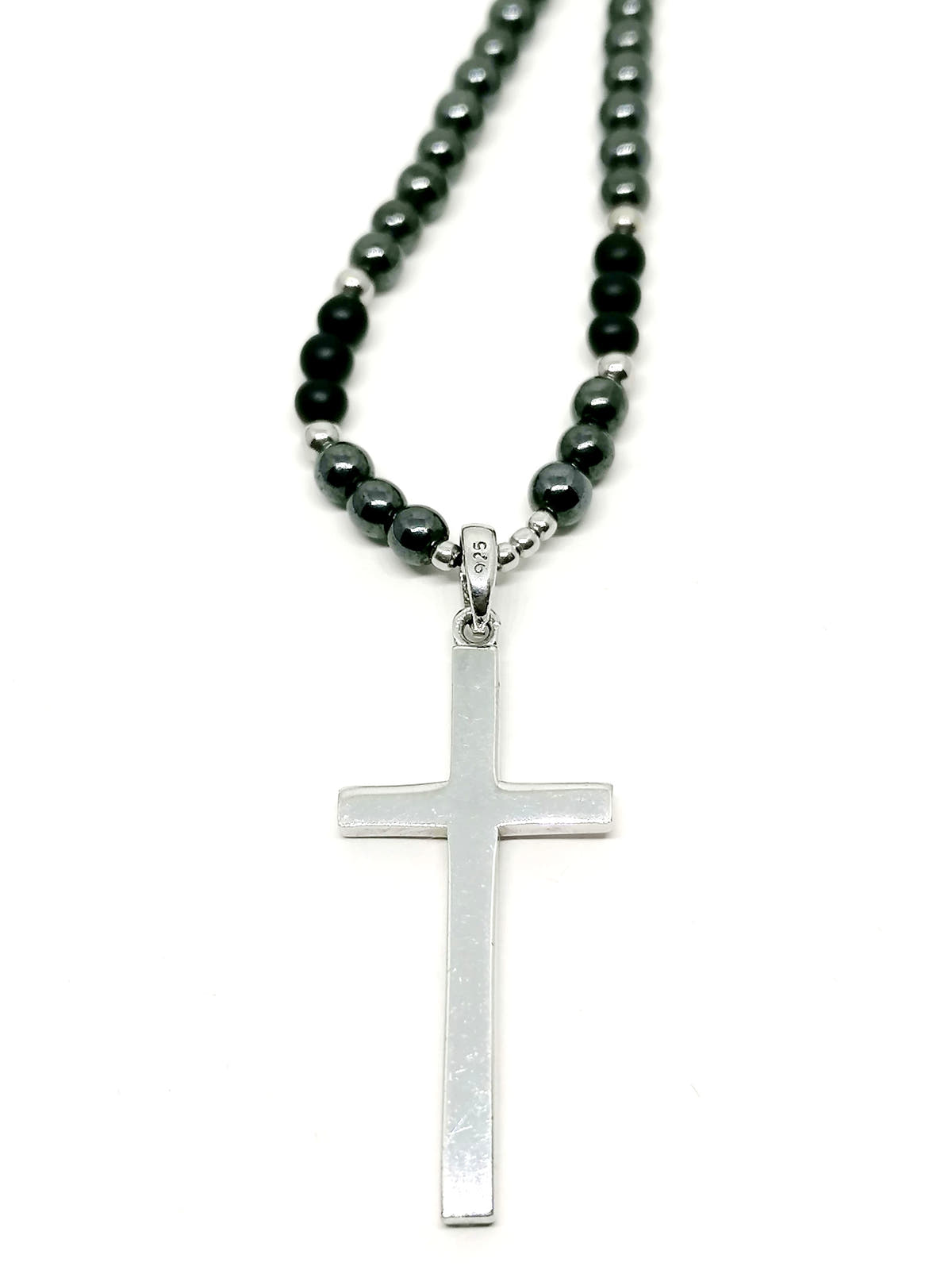 Hematite & Onyx Cross Necklace, Men's, 4mm, view 2 | Castello Jewels