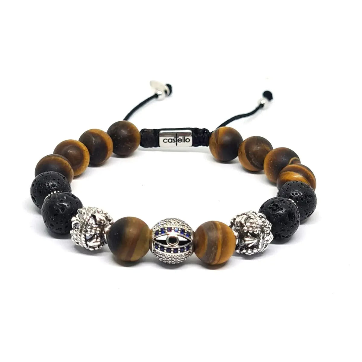 Tiger's Eye & Lava Stone Sterling Silver Bracelet, 10mm | Castello Jewels