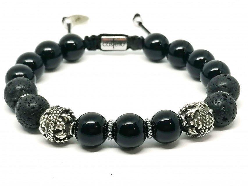 Hand Made Silver Bracelet MyKing Onyx Polish, Lava stone 10mm | Castello Jewels