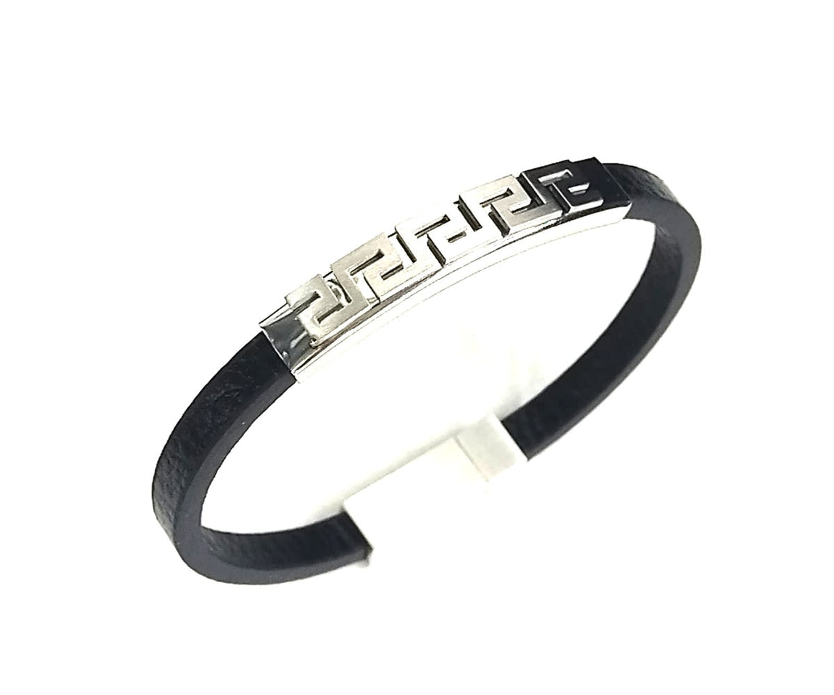 Black Leather Men's Bracelet, Magnetic Clasp, Greca Style | Castello Jewels