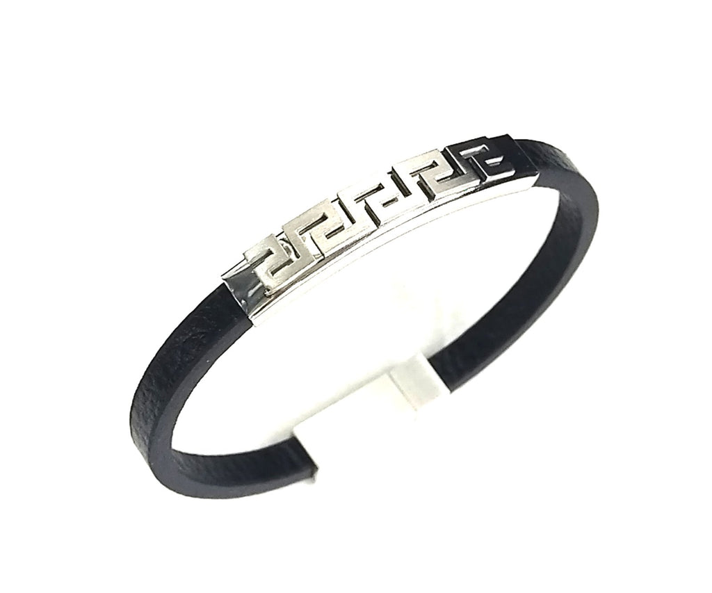 Greca style, Black Leather Bracelet, Stainless Steel Magnetic Clasp | Castello Jewels
