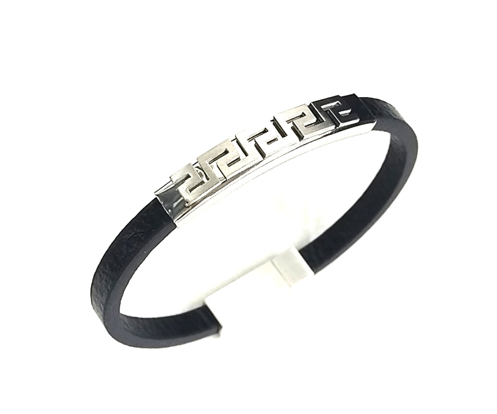 Greca style, Black Leather Bracelet, Stainless Steel Magnetic Clasp | Castello Jewels
