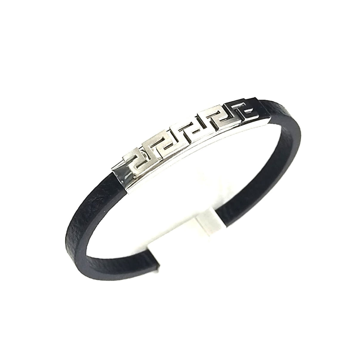 Black Leather Men's Bracelet, Magnetic Clasp, Greca Style | Castello Jewels