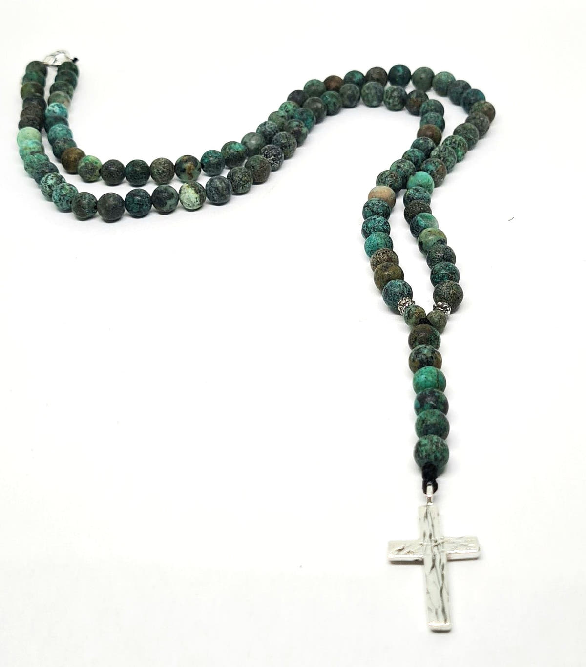 African Turquoise Prayer Beads Necklace, Cross Pendant, 6mm | Castello Jewels