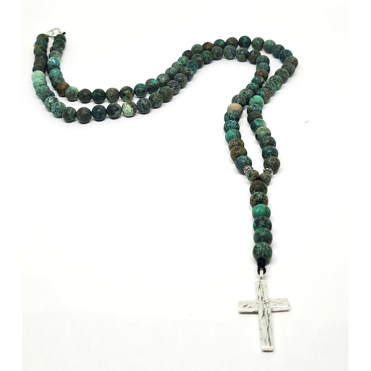 African Turquoise Prayer Beads Necklace, Cross Pendant, 6mm | Castello Jewels