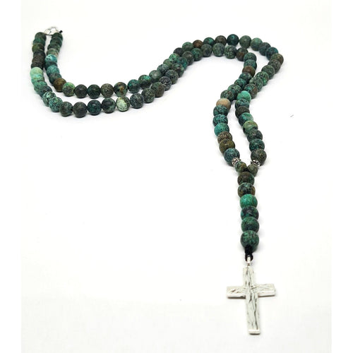 African Turquoise Prayer Beads Necklace, Cross Pendant, 6mm | Castello Jewels