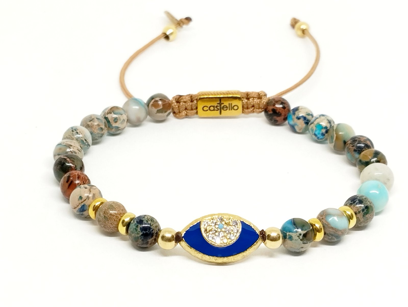 Jasper Dark Blue Evil Eye, Silver 925' Gold Plated Bracelet, stone 6m | Castello Jewels