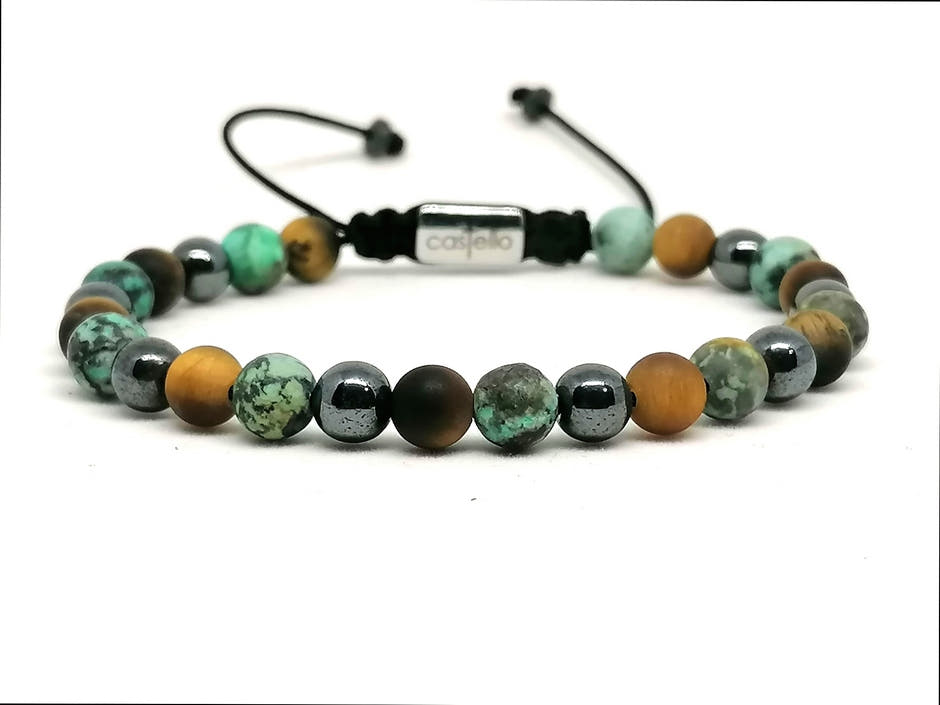 Hematite, African Turquoise & Tiger's Eye Bracelet, 6mm | Castello Jewels