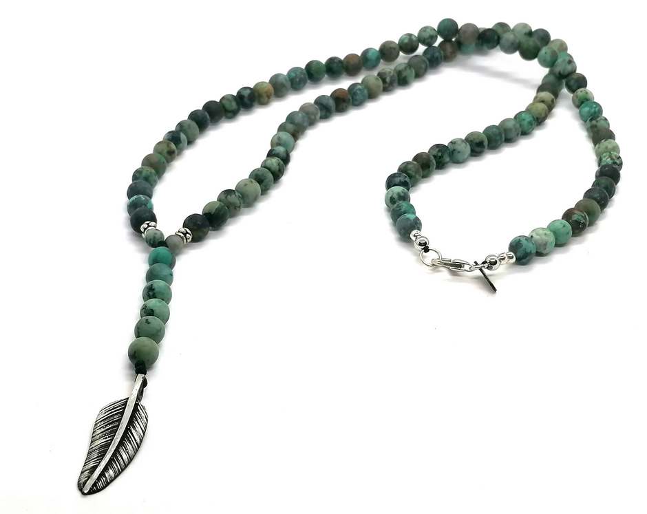 African Turquoise Rosary Necklace, Feather Pendant, 6mm | Castello Jewels