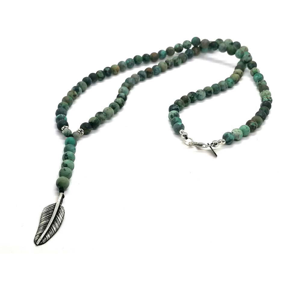 African Turquoise Rosary Necklace, Feather Pendant, 6mm | Castello Jewels