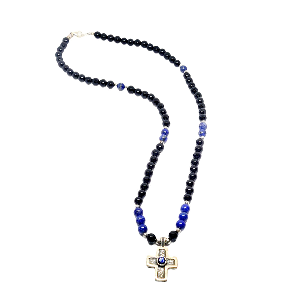 Lapis Lazuli & Polished Onyx Cross Necklace, 6mm | Castello Jewels