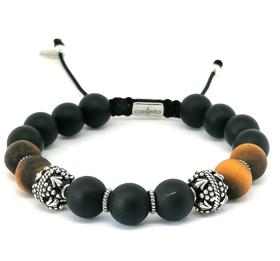 Hand Made Silver Bracelet MyKing Onyx Mat, Tiger Eye Mat stone 10mm | Castello Jewels