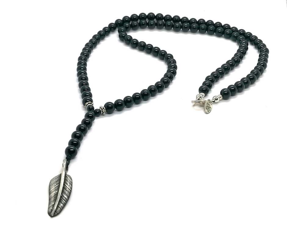 Onyx Rosary Necklace, Feather Pendant, Polished, 6mm | Castello Jewels