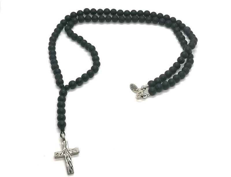 Onyx Men's Rosary Necklace, Cross Pendant · 6mm