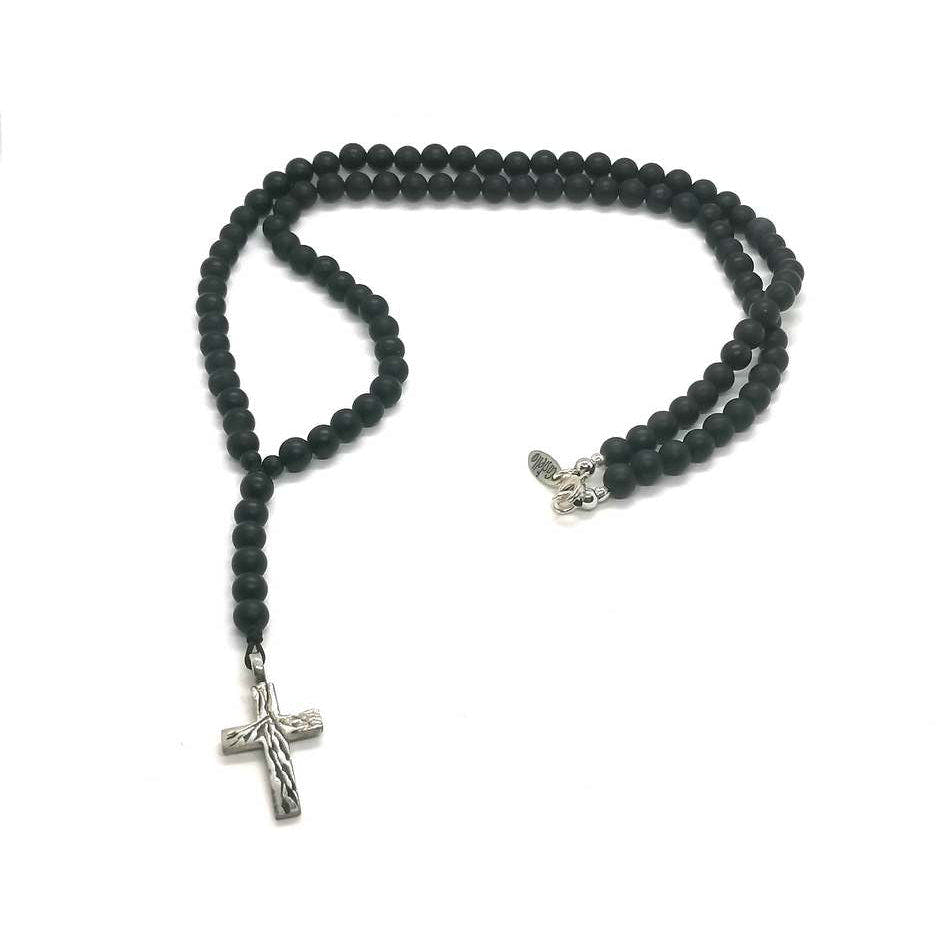 Onyx Men's Rosary Necklace, Cross Pendant, 6mm | Castello Jewels