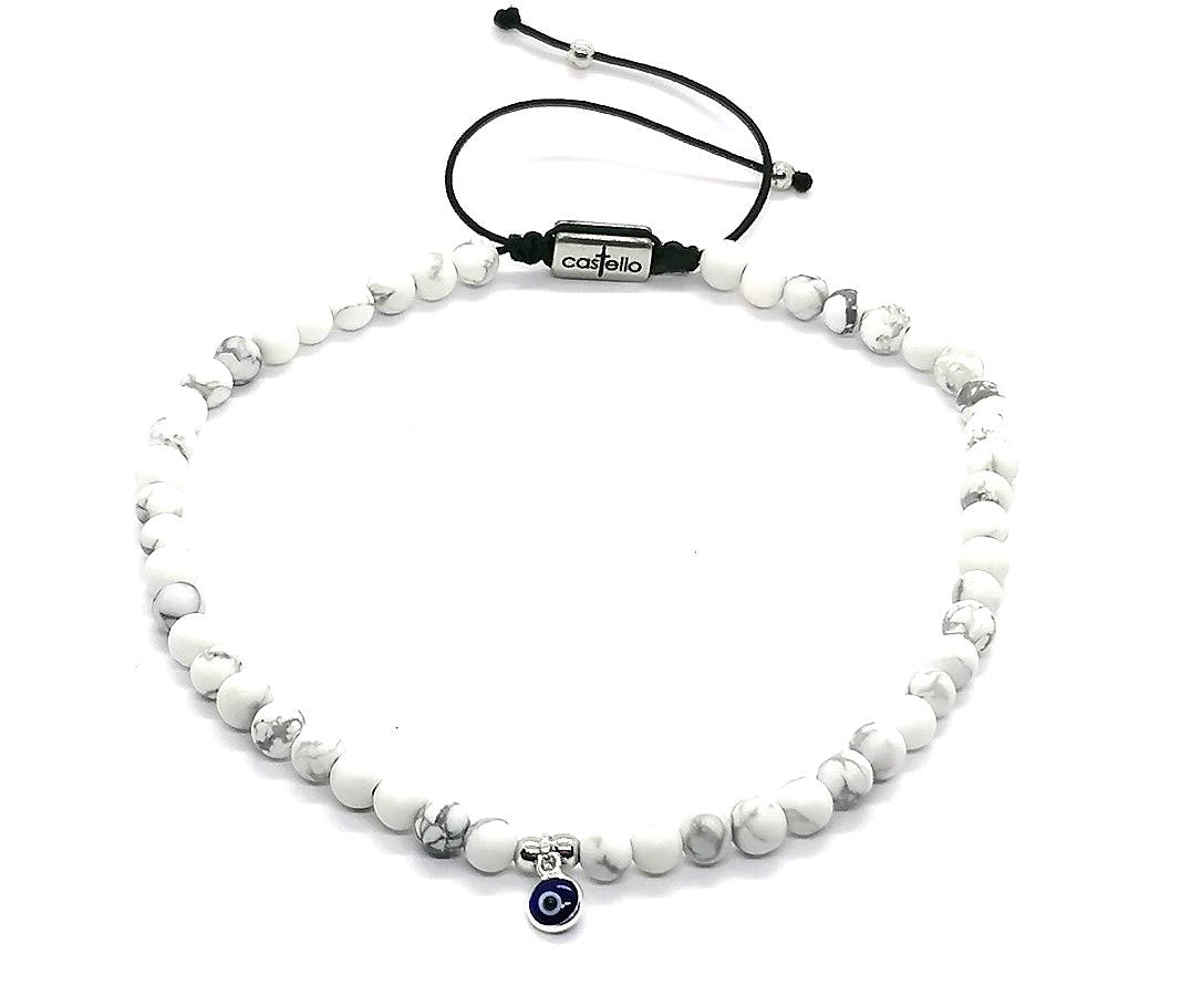 Howlite Boho Anklet, Silver Eye Charm, 4mm | Castello Jewels