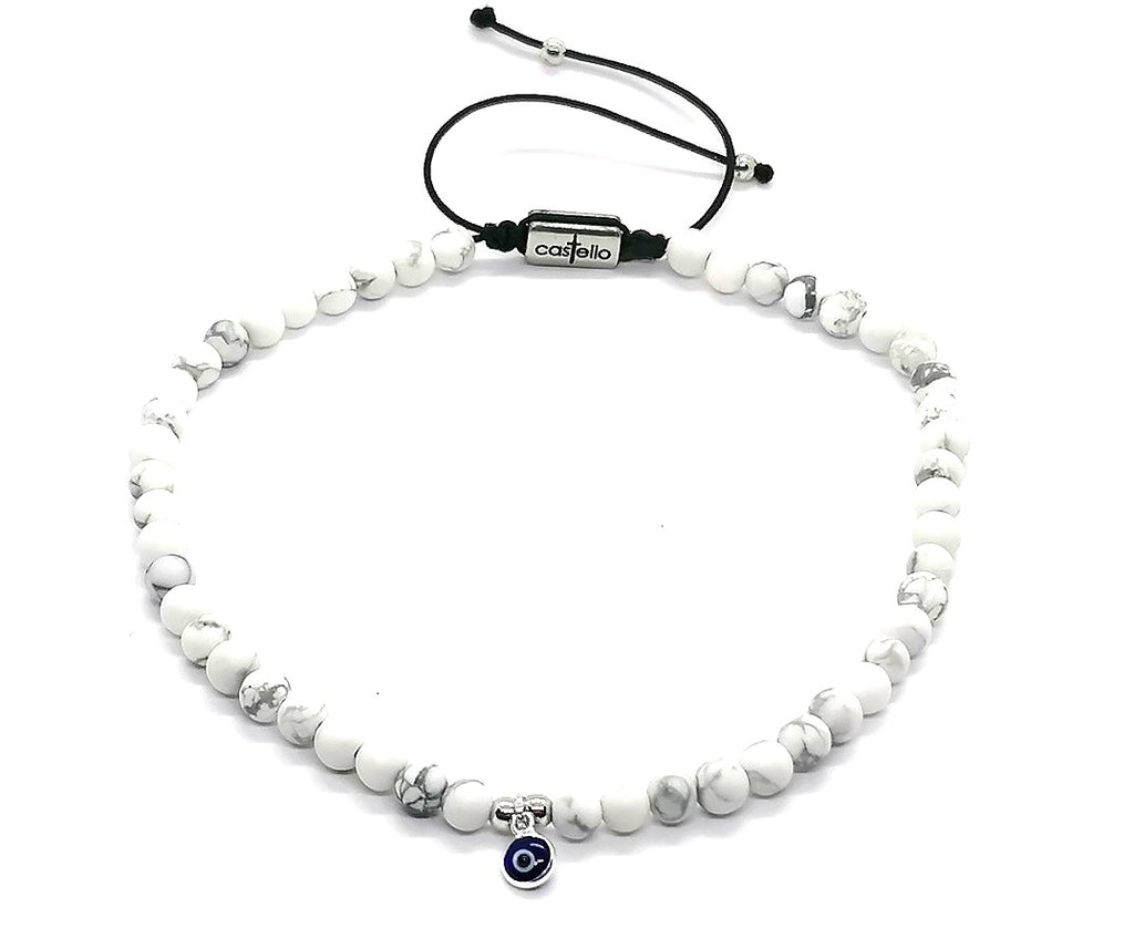 Howlite Boho Anklet, Silver Eye Charm, 4mm | Castello Jewels