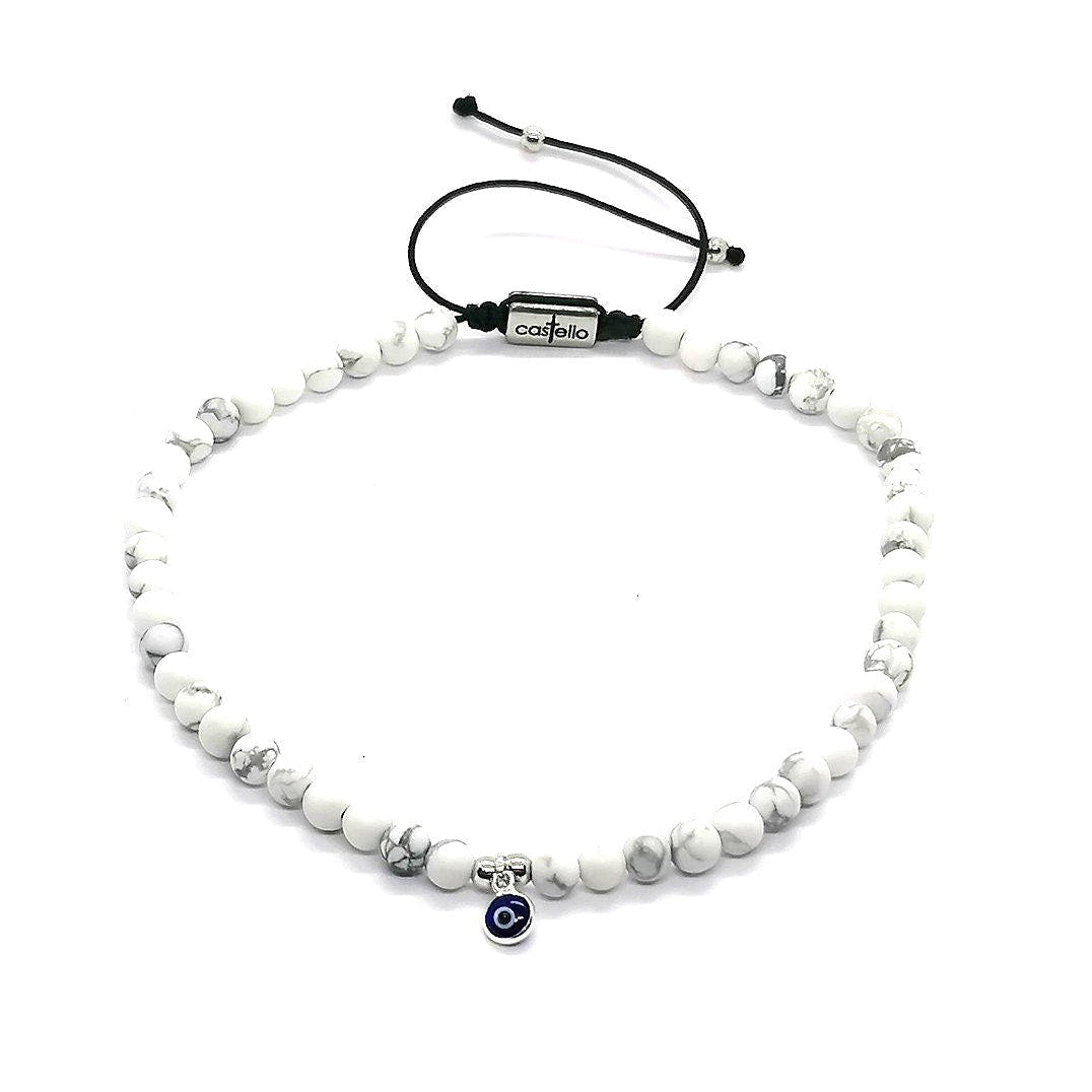 Howlite Boho Anklet, Silver Eye Charm, 4mm | Castello Jewels
