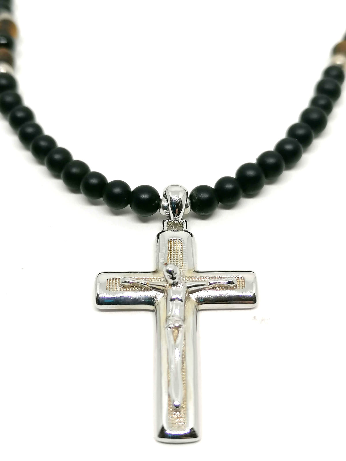 Onyx & Tiger's Eye Cross Necklace, Men's, 4mm, view 2 | Castello Jewels